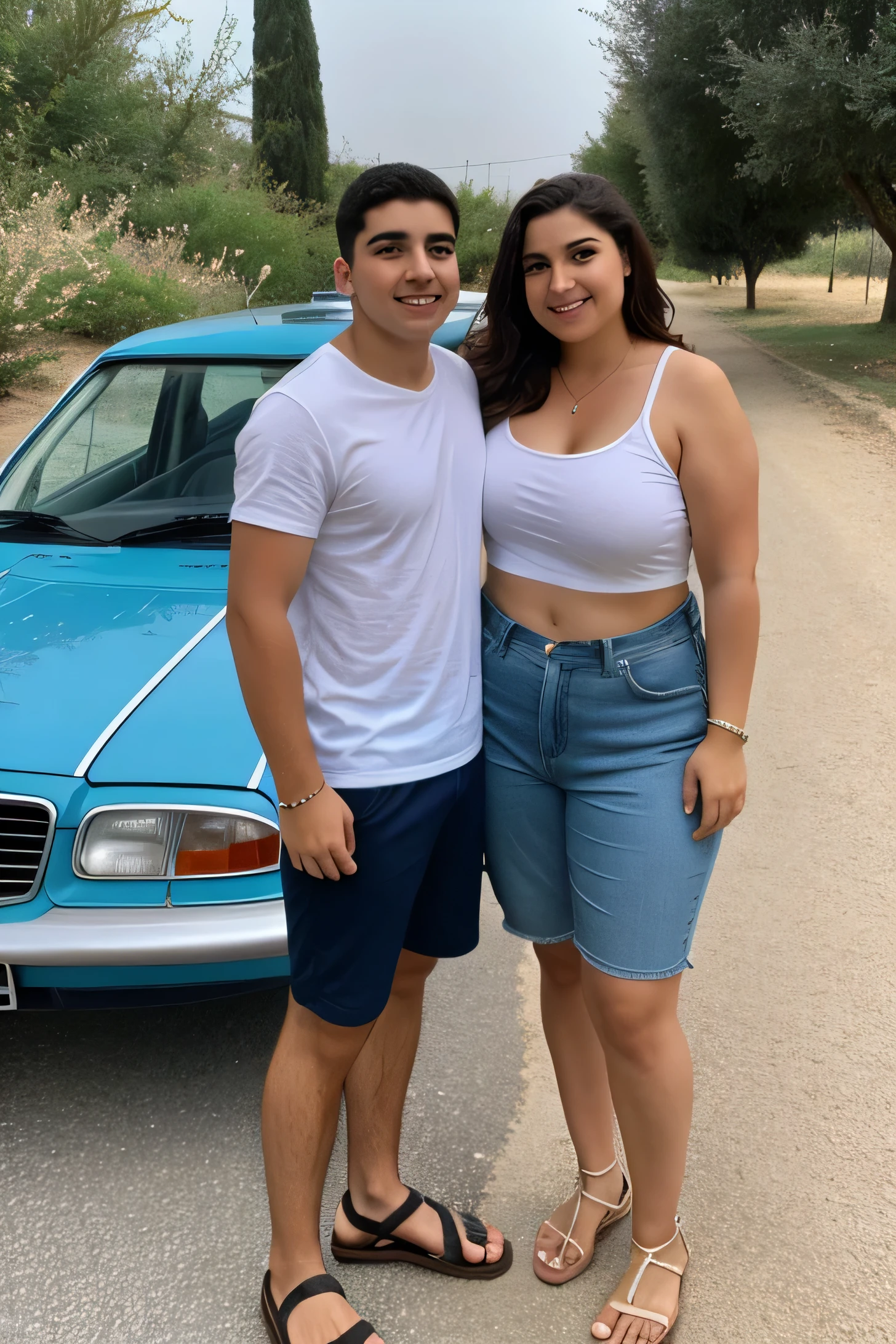 Good looking 39 Greek chubby mother in short summer outfit with her Greek 18 years old muscular son, standing together in front of a car