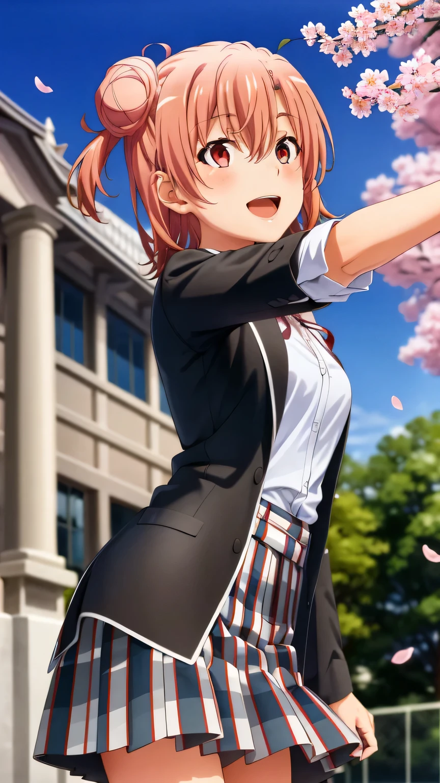 {{{masterpiece}}}, {{{best quality}}}, {{ultra-detailed}}, {illustration}, {{an extremely delicate and beautiful}}, (beautiful detailed eyes:1.6), extremely detailed face, 16k, anime face, Yuigahama Yui (Oregairu), cute face, (short hair:1.5), (single side bun:1.5), (hair between eyes:1.5), (pink hair:1.5), (red eyes:1.5), big breasts, thin waist, big hips, curvaceous, {school uniform:1.5}, (white shirt:1.5), (plaid skirt:1.5), red ribbon, white shirt, black jacket, BREAK, school yard, smile, outdoors, tree, falling petals, cherry blossoms, daytime, In front of the school gate, outstretched arms, open mouth, under the sunlight , from below, sky