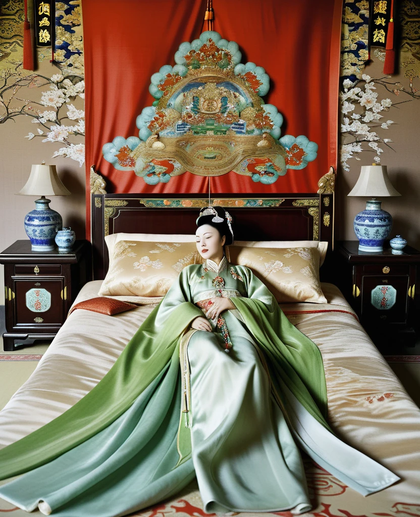 The Empress of the Qing Dynasty is sleeping naked in the luxurious Empress's Bedroom in the Chinese Royal Court The Empress of the Qing Dynasty is wearing the name of the Empress of China and has her hair tied up in the back Angle seen from above