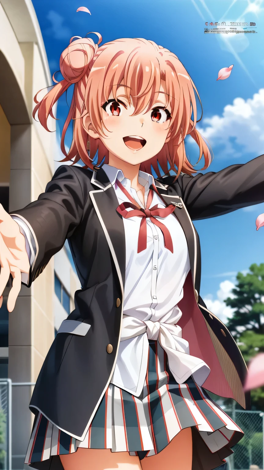 {{{masterpiece}}}, {{{best quality}}}, {{ultra-detailed}}, {illustration}, {{an extremely delicate and beautiful}}, (beautiful detailed eyes:1.6), extremely detailed face, 16k, anime face, Yuigahama Yui (Oregairu), cute face, (short hair:1.5), (single side bun:1.5), (hair between eyes:1.5), (pink hair:1.5), (red eyes:1.5), big breasts, thin waist, big hips, curvaceous, {school uniform:1.5}, (white shirt:1.5), (plaid skirt:1.5), red ribbon, white shirt, black jacket, BREAK, school yard, smile, outdoors, tree, falling petals, cherry blossoms, daytime, In front of the school gate, outstretched arms, open mouth, under the sunlight , from below, sky