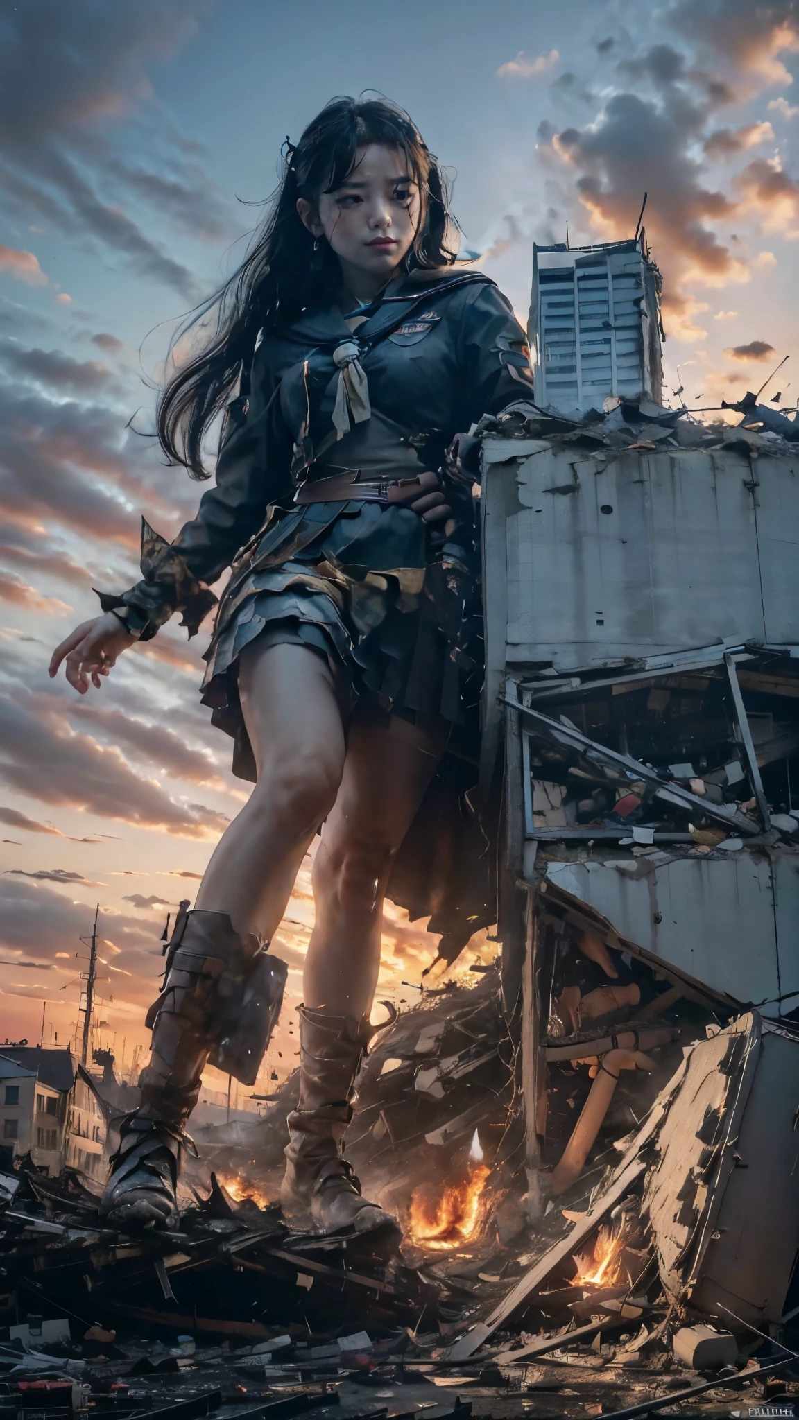 (Giantess elements, high resolution, high quality, accurate body structure, detailed body), Japanese high school girl, sailor uniform, towering giant girl, looking up at approaching woman from below, giant attacks city, cute, girl destroying small town, destroying small town, mischievous expression, Japanese language, white skin, smile, trampling buildings, rubble, burning small town, destroyed small building, collapsed highway, car being crushed, evacuation of residents, sunset, burning small town, please, walk, trample, anatomically correct, accurate human body, accurate skeleton, full body portrait, blue eyes, rubble scattered at feet, taller than skyscrapers, big impact, amazing, giantess elements, drawing women big, increasing destructive elements, making city smaller, rampaging, city, building,