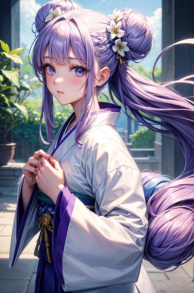 Anime character, half body only, upper body only, half body portrait, posing like a model, good looking, beautiful, full of details, aesthetic, hd, masterpiece art, amazing work. Solo, young girl, hair in bun, part of hair in braid, flower accessories in bun, lavender colored hair, light purple colored hair, Lady, blue eyes, elegant look, elegant carrying, white Japanese kimono, blue decoration, Lily flower theme, eyes facing camera.