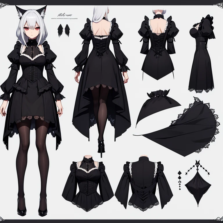refsheet, character design, Many Parts, Full Body, Front, Side, Back, Charactor Head
1 girl, Half human half wolf, gothic maid, black and white, very beautiful,high balance natural light, lacepantyhose, lace pattern decoration