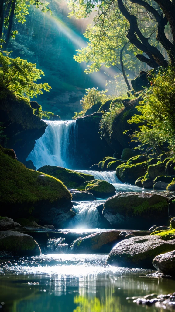 A chaotic waterfall flowing in a quiet and beautiful landscape, ray tracing, detaileded reflections, complexity, high detailed, Drama, A masterpiece of the highest quality, photorealism, detailed, 8K, HDR, Backlight, Hello, flash, chromatic aberration, sharp focus