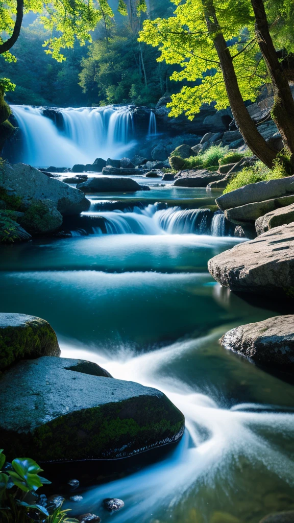 A chaotic waterfall flowing in a quiet and beautiful landscape, ray tracing, detaileded reflections, complexity, high detailed, Drama, A masterpiece of the highest quality, photorealism, detailed, 8K, HDR, Backlight, Hello, flash, chromatic aberration, sharp focus