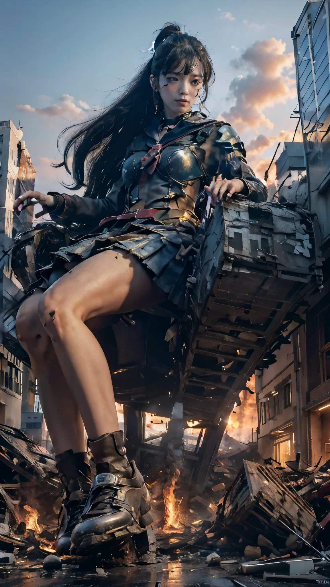 (Giantess elements, high resolution, high quality, accurate body structure, detailed body), Japanese high school girl, sailor uniform, towering giant girl, looking up at approaching woman from below, giant attacks city, cute, girl destroying small town, destroying small town, mischievous expression, Japanese language, white skin, smile, trampling buildings, rubble, burning small town, destroyed small building, collapsed highway, car being crushed, evacuation of residents, sunset, burning small town, please, walk, trample, anatomically correct, accurate human body, accurate skeleton, full body portrait, blue eyes, rubble scattered at feet, taller than skyscrapers, big impact, amazing, giantess elements, drawing women big, increasing destructive elements, making city smaller, rampaging, city, building,