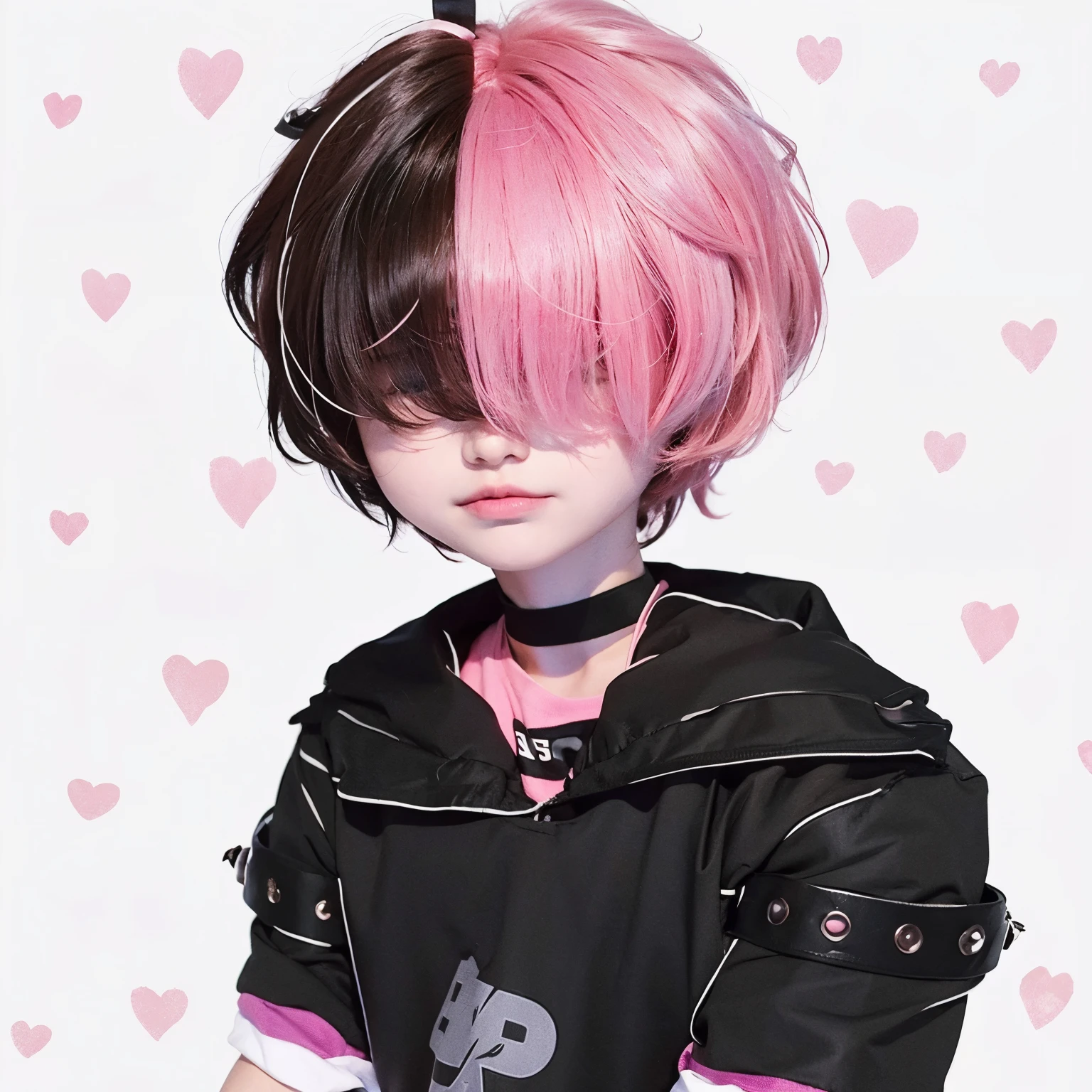 1 cute teenage twink femboy, Hair over his eyes, dyed pink/brown hair