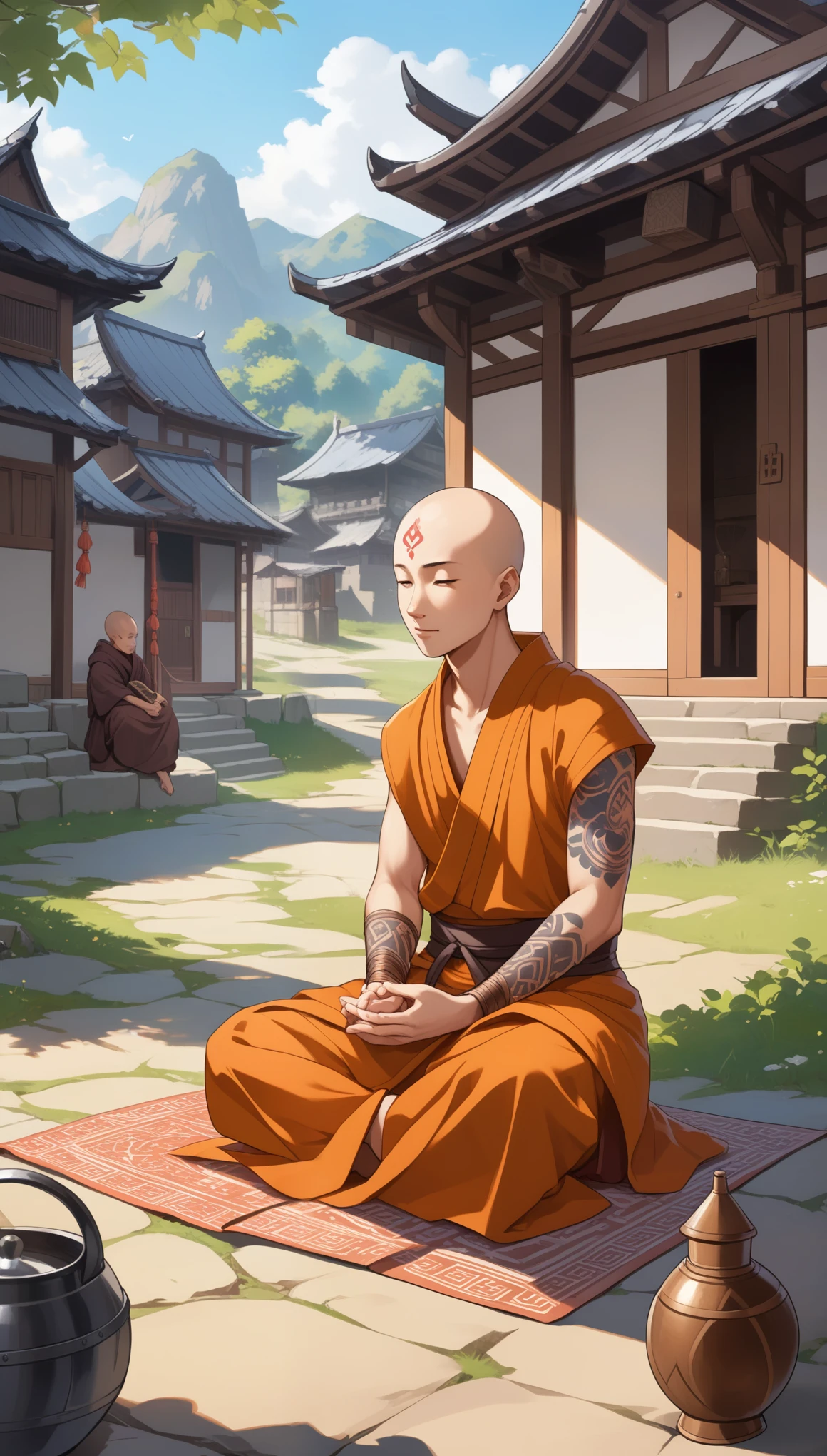(1boy, male, solo, Human, Asian), (_young), (slim, happy face), (bold head, head tattoos),
(Dungeons and Dragons, character), (Monk), (meditating, seating, floated),
(medieval asian monk cloth, medieval asian monk pants, shoes), (holding object, holding hands, meditating),
(daytime, monk camp background),
8K, RAW, best quality, ((masterpiece, best quality)), ultra high res, colorful, (medium wide shot), full body, (dynamic perspective), sharp focus, (depth of field, bokeh:1.3), extremely detailed eyes and face, beautiful detailed eyes,