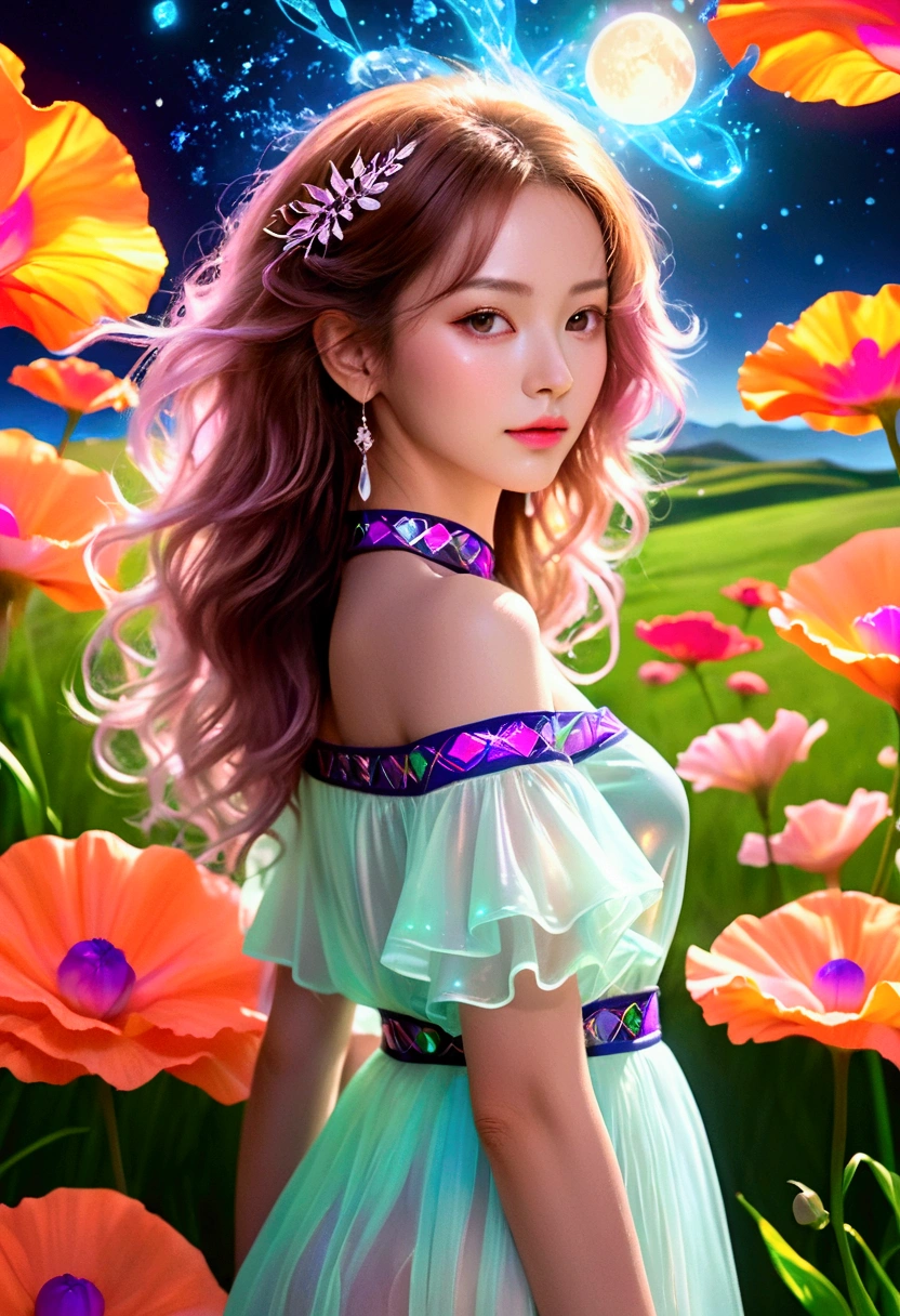 ((jewel_light element)), (Translucent luminous body_Wearing a pink and white frilly blouse), (girl made of light: 1.2, Long wavy hairstyle with delicate features and shine: 1.3), (minimalism: 0.5), (Front view close-up angle: 1.3), 4K, HDR, acid graphics, fantasy work, [Detailed and vivid face: 0.33], (White and translucent body and hair: 1.3), Beautiful woman shining with silhouette outline, Revealing understated elegance ... A calm and dignified atmosphere provides a subtle sense of luxury.......  stylish pose, fluorescent, Glowing tattoo, bioluminescent tattoo, And the shining pattern.