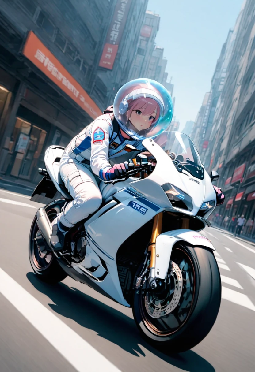 (spacesuit:1.15), white cargo pants, astronaut)bubble helmet, space helmet , , ride a motorbike, ride a motorbike, road, city