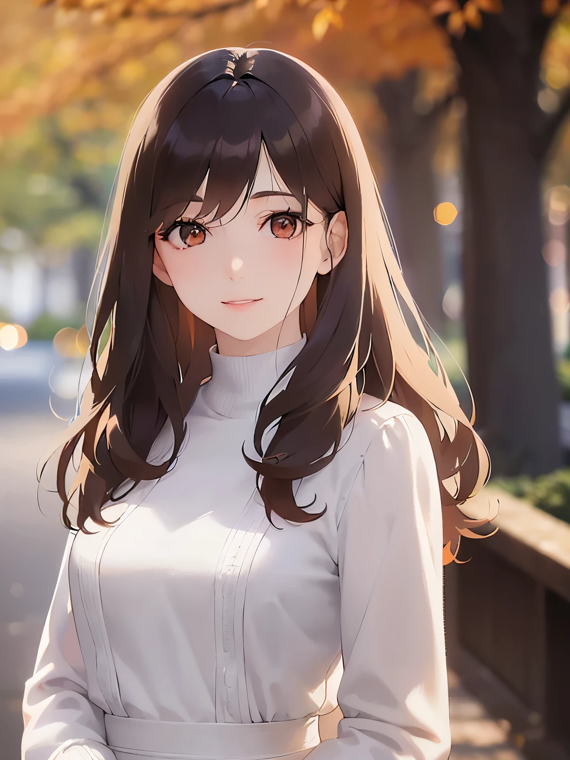 （looking away:1.5）,Upper Body,
 Realistic, real person, (pale skin: 1.2), RAW photo, photorealistic, shiny skin, shiny hair、
(A 25-year-old woman with medium-length hair and bangs) and (wavy hair) and (brown hair) and (orange eyes) 、
smile, White long sleeve dress 、The background is a park、Are standing