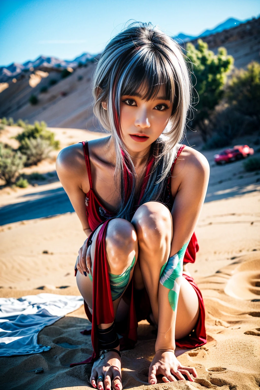 ((best quality)), ((masterpiece)), (detailed), perfect face, silver white hair, black eyes, lips, sexy clothes, realistic, 30 years old, Asian, perfect body, perfect hands, in the desert, full body potrait 