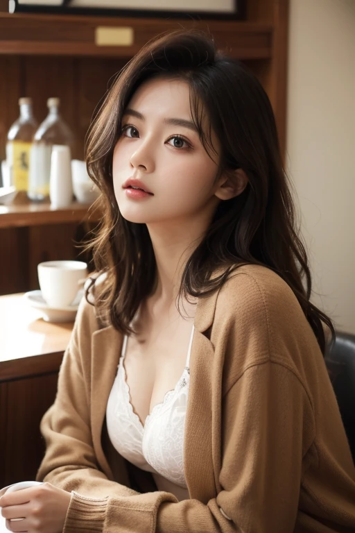1 woman, down blouse, 20 years, Munechira, small breasts, , looking far away, lean forward, expressionless, brown jacket and white bra, cafe, wavy hair