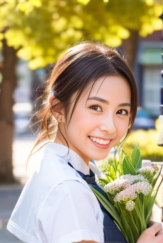 Skinny Japanese 40s woman, good wife, cute face, detailed face, detailed eyes, neat and clean, short-sleeve white shirt, walking along river, early summer, fine weather, clear sky, green fields, portrait