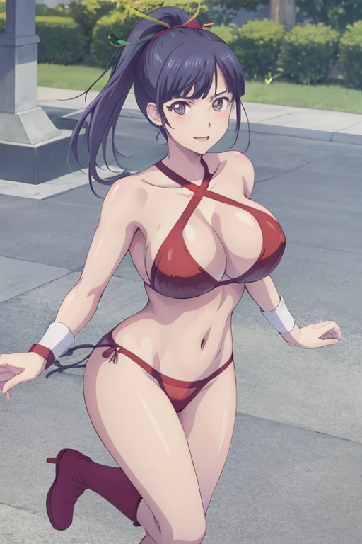 masterpiece, best quality, beautiful art, high resolution, well formed hands, body and fingers, 1 woman, solo, Ami  Tsuruga, full body picture, grown up, adult, large and rounded breasted, cleavage, hair ornament, wearing a Tyris Flare outfit ,  white_bikini, full body, sexy and skimpy  bikini, gorgeous  hips, legs and thighs bouncing breasts, red boots,fighting in a combat match, showing her fighting skills, making her guard, about to hit the viewer, looking at the viewer,   sweating, bouncing breasts, smiling joyfully and brightly, being confident and proud, action and fighting scene, fighting cage on beach environment.                                   