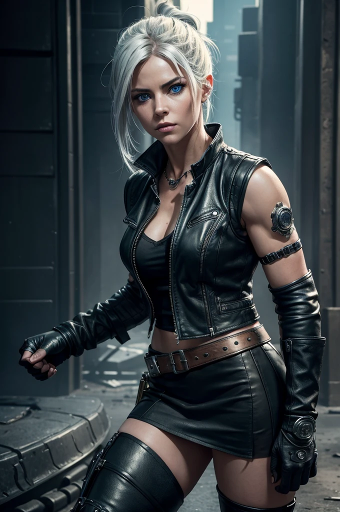 (((Full-length shot))),((Best quality)), ((masterpiece)),((full height)), (detailed),muscular build and medium breasts .., wears an open black leather vest.., black leather gloves, a short skirt and heavy boots. She has a punk rock look.Hyper-realistic close-up photo of Rose Wilson DC, blue eyes,(Photorealism: 1.4), Create dystopian masterpieces. Post-apocalyptic world. Pay attention to small details, sharp focus. The palms of the hands are clenched into fists.