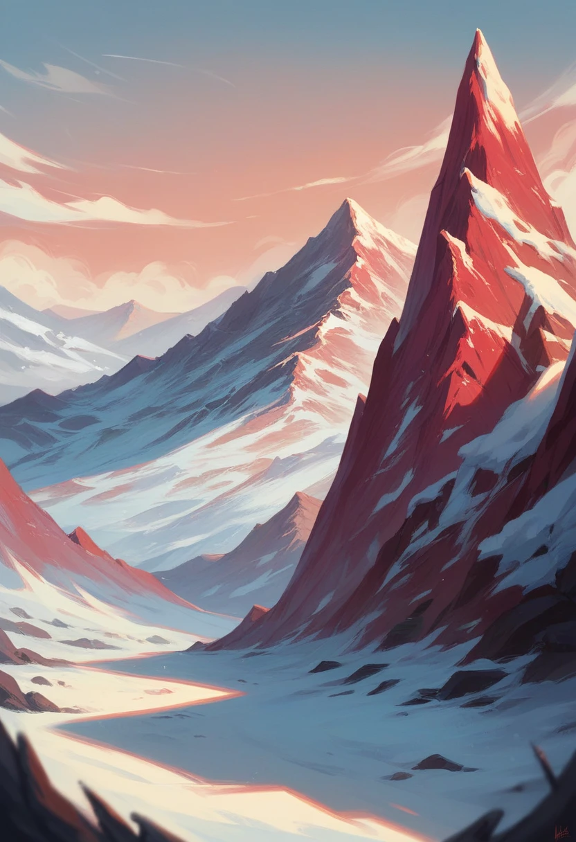 The red mountains are covered in snow