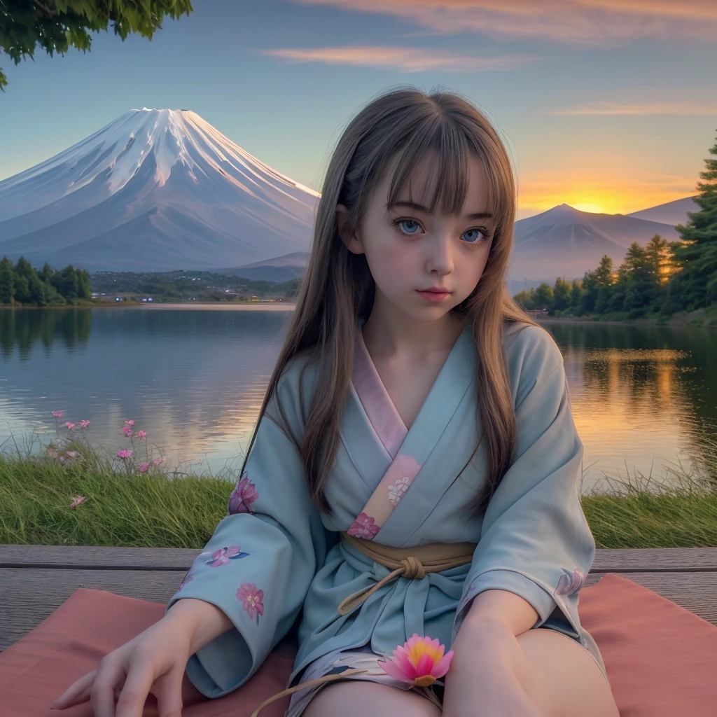 Best quality, masterpiece, extremely detailed, detailed background, detailed eyes, anime, 1 girl, beautiful eyes, young girl, girl with long hair, Expressive Face, kimono, retro, Landscape of Mount Fuji, on open air, sunset, beautiful sky, picnic on the lake, landscape, landscape, horizon, the mountain sits near the mountain, wind, flower petal, spring, looking, Atmospheric lighting, reflection, naturalistic, detail, Realism. relaxation, beauty, just concentrate, Close-up, from the outside, depth of field, hips