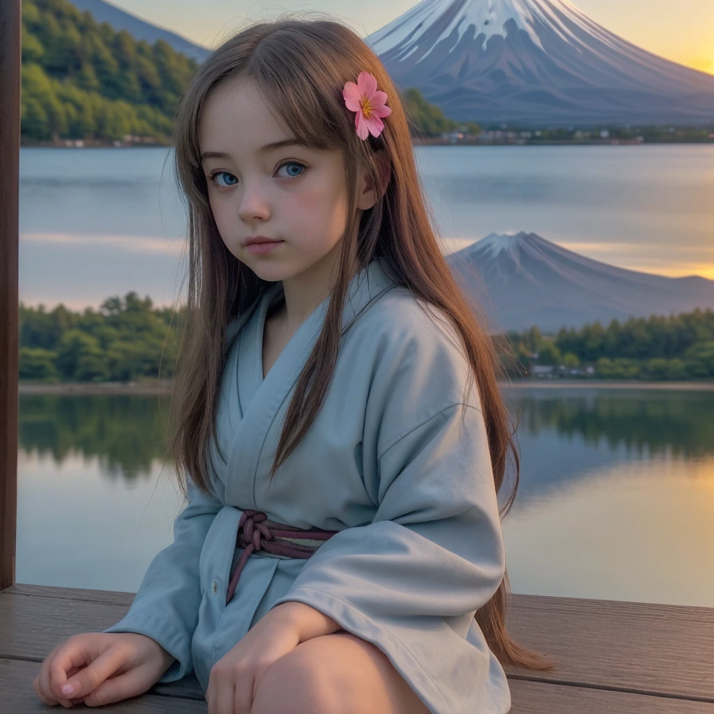 Best quality, masterpiece, extremely detailed, detailed background, detailed eyes, anime, 1 girl, beautiful eyes, young girl, girl with long hair, Expressive Face, kimono, retro, Landscape of Mount Fuji, on open air, sunset, beautiful sky, picnic on the lake, landscape, landscape, horizon, the mountain sits near the mountain, wind, flower petal, spring, looking, Atmospheric lighting, reflection, naturalistic, detail, Realism. relaxation, beauty, just concentrate, Close-up, from the outside, depth of field, hips
