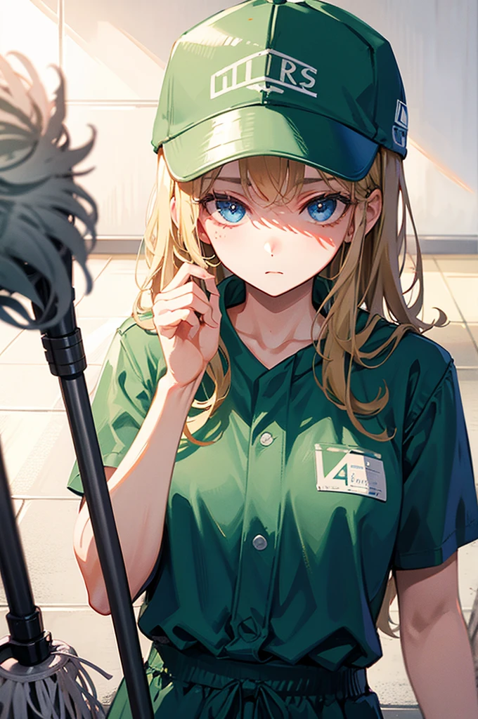 [[[[[1 female]]]]] Close up, only upper body visible, portrait, 1 female, cleaner concept, cleaner clothes, green clothes, Clothes that reach up to the neck, jumpsuit, plain clothes, hat, wearing a baseball hat, looking bored, looking tired, blue eyes, Holding a mop on the floor