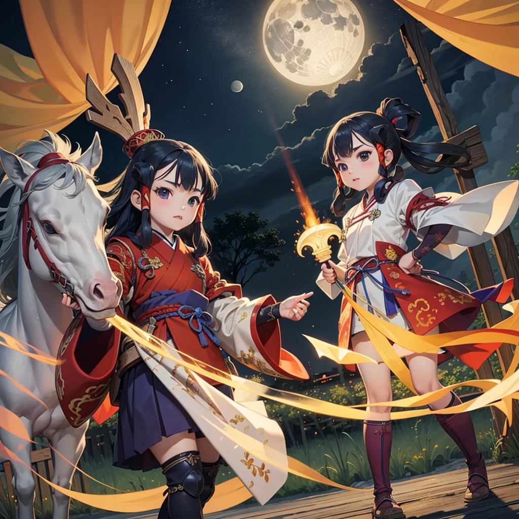 最high quality、high quality、10 years old、Japan in the Mythical Age、Embroidered national costume、Bride Girl、Moonlight meadow、moonlight、Long dress