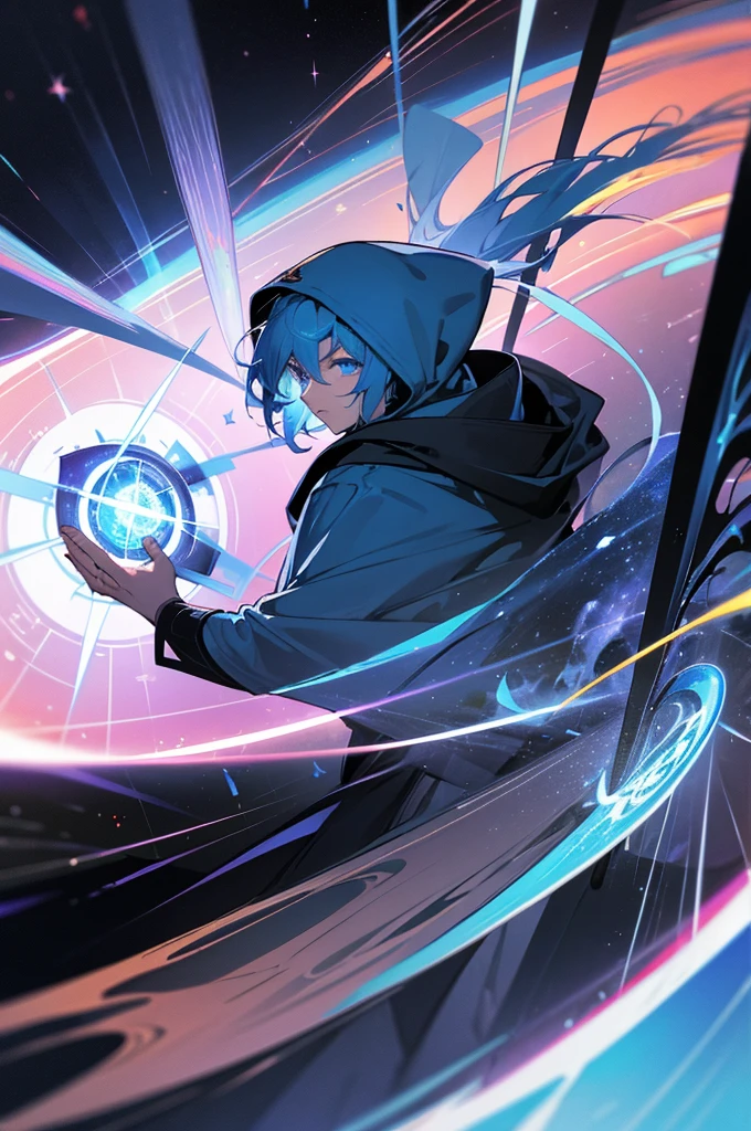 A young man with blue hair and blue eyes, wearing a blue hooded robe, deploying a huge black magic circle, background: distortion of space-time, asteroid belt, a supernova explosion in his hand, a huge compass with runes on it behind him, a sense of speed