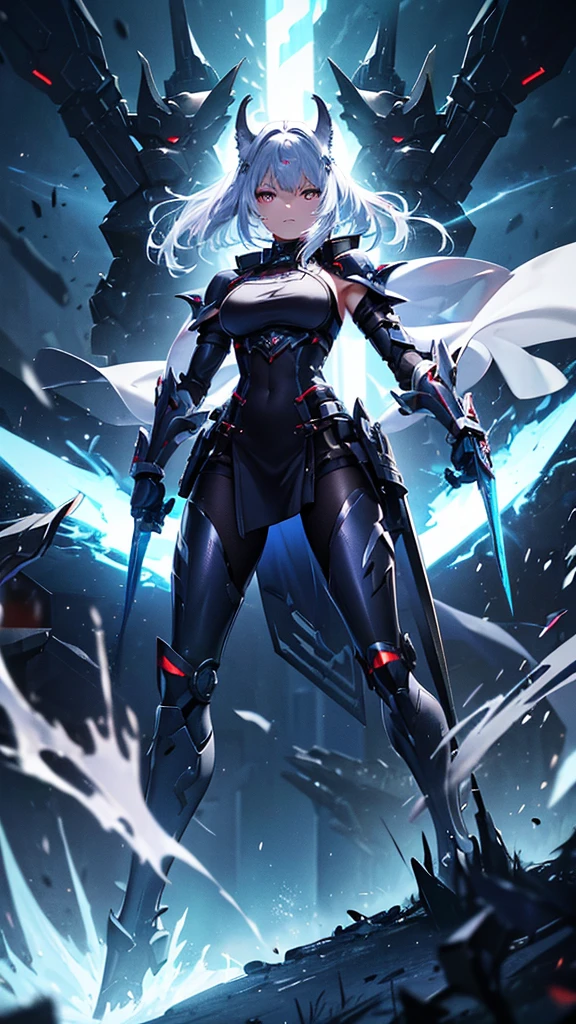 (bright colors, Cinematic feel, Add details, extreme details, sharp focus), steel knife, The blade is long and curved, The sharp edges shed an icy blue light. Runes are engraved on the base of the sword, whole body (close up), (full black) Armed mecha wolf girl (Luxury, bright, Noble Queen, war girl), fair, Imperial sister, oriental girl, Express (domineering) condescending, Mecha Wolf Fang Helmet, shawl, 8k, attack action, Permanent (Feet open), damaged (Urban),