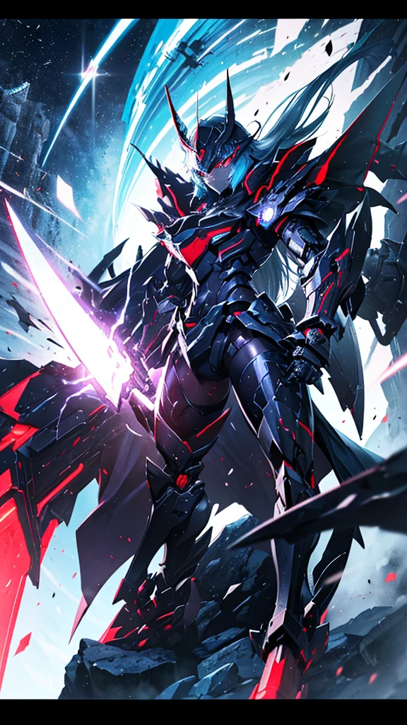 (bright colors, Cinematic feel, Add details, extreme details, sharp focus), steel knife, The blade is long and curved, The sharp edges shed an icy blue light. Runes are engraved on the base of the sword, whole body (close up), (full black) Armed mecha wolf girl (Luxury, bright, Noble Queen, war girl), fair, Imperial sister, oriental girl, Express (domineering) condescending, Mecha Wolf Fang Helmet, shawl, 8k, attack action, Permanent (Feet open), damaged (Urban),