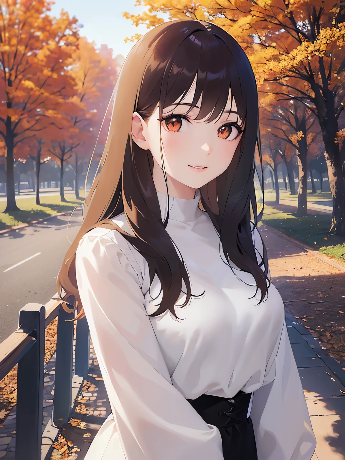 （looking away:1.5）,Upper Body,
 Realistic, real person, (pale skin: 1.2), RAW photo, photorealistic, shiny skin, shiny hair、
(A 25-year-old woman with medium-length hair and bangs) and (wavy hair) and (brown hair) and (orange eyes) 、
smile, White long sleeve dress 、The background is a park、Are standing