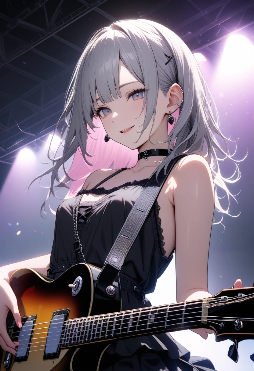 Very cute 15 year old girl, play the guitar、les paul guitar、((She has some silver earrings in her ears.. Black choker、Black punk fashion))、(Gray hair color、Light pink inner color hairstyle、Hair expressed with a delicate touch), Beautiful Hair, Facial Contour, Remember, Live venue stage, splash, Lens flare、Bright lighting、illumination、Natural Color, High resolution, Very delicate, Very detailed, 8k,（Her breast size is about a B cup）、Shyness,((Sexual)),((Naughty feelings)),smile、He&#39;s playing an orange gradient Les Paul guitar.