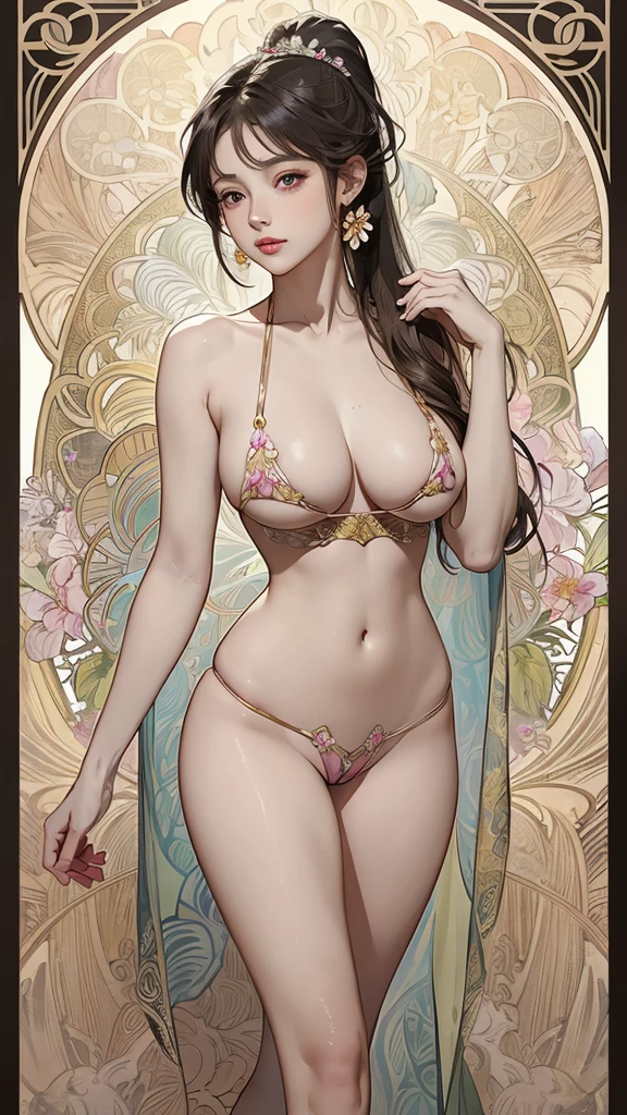 ((masterpiece)), (best quality) photorealistic ,fantasy, beautiful woman, good mood, topless ,beautiful round breasts, large breasts, dress-corset ,micro panties ,show your neck, bare shoulders ,show navel,exposed camel toe, Plum blossom tattoo on butt ,big eyes, long, thick eyelashes, plump lips, dark red eyes, blond hair long and thick, high ponytail, Intricate designs and patterns in the style of Alphonse Mucha ,Art Nouveau water color painting flowery dim light background