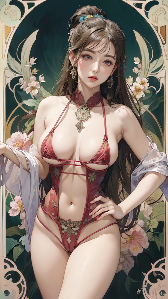 ((masterpiece)), (best quality) photorealistic ,fantasy, beautiful woman, good mood, topless ,beautiful round breasts, large breasts, dress-corset ,micro panties ,show your neck, bare shoulders ,show navel,exposed camel toe, Plum blossom tattoo on butt ,big eyes, long, thick eyelashes, plump lips, dark red eyes, blond hair long and thick, high ponytail, Intricate designs and patterns in the style of Alphonse Mucha ,Art Nouveau water color painting flowery dim light background