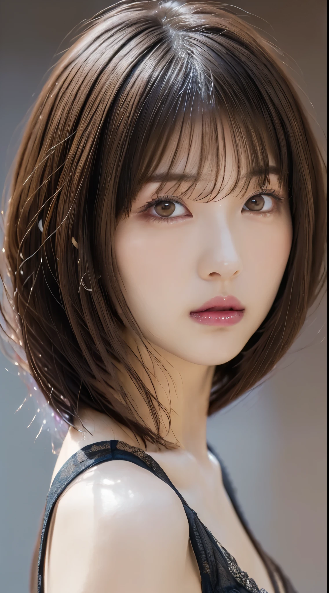 ((Bust up shot:1.6))、One woman、1 photo、((flat and small breasts:1.7))、((sensual look:1.8))、((ID photo:1.4))、((Apply beautiful makeup:1.7))、((A pale cherry-colored lip for moisturized lips:1.5))、((Girl in white strapless negligee:1.5))、((No underwear:1.5))、Natural Shading、((Moist eyes:1.3))、(K-Pop Idols)、Serene and goddess-like beauty、((Slightly parted lips:1.3))、Natural Shading、((((Beautiful short bob cut brown hair:1.5))))、((Chestnut-haired Japanese woman)))、(Yin and Yang Expressions:1.5)、masterpiece, Highest quality, 8k, High-definition image quality, (Upper body:1.4), Beautiful girls, Beautiful face, Looking at the audience, Surreal, High resolution, Sharp focus, High resolution, フェイスLight, Dynamic Lighting, Light, Professional Shadow, Simple Background, (Dull grey background:1.4), Highest detail, Very detailed, Ultra-detailed, In detail, Real Skin, Delicate facial features, Detailed face and eyes, Sharp pupils、live action idol