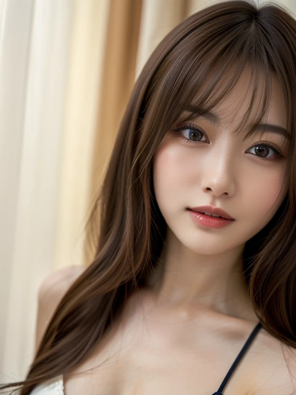 Highest quality, masterpiece, Ultra-high resolution, (photo Realistic:1.4), (Depth of written boundary), Realistic, Professional Lighting, Physically Based Rendering, one Japanese girl, (a beauty girl, delicate girl:1.3), (19 years old, change:1.3),
(good:1.3),
Very fine grain definition, (Symmetrical eyes:1.3),
(Shot through a narrow gap in the curtains:1.3), perfectly trimmed fingers,
Large Breasts, Brown eyes, Parted bangs, Brown Hair, girl,
(Eye and facial details:1.0),