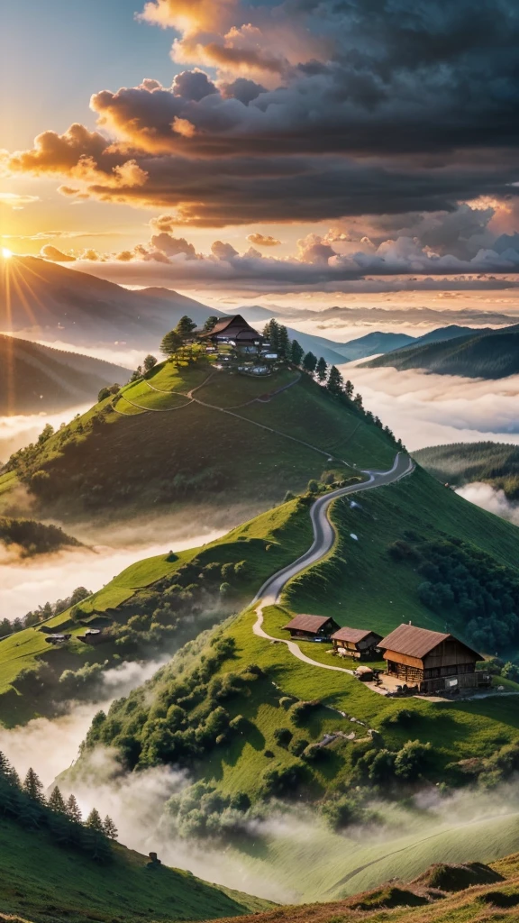 a beautiful sunrise on top of a mountain, wooden hut, cup of coffee, dramatic sky, sunlight streaming through clouds, picturesque landscape, serene atmosphere, rolling hills, lush greenery, detailed clouds, warm color palette, golden hour lighting, photorealistic, 8k, hyper detailed, masterpiece
