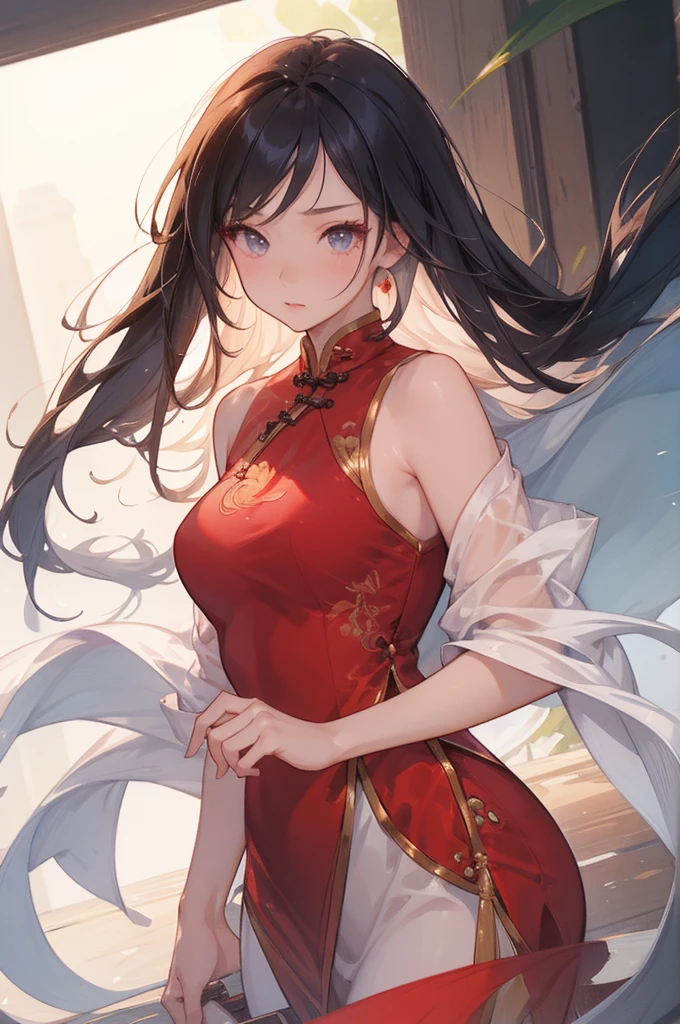 Cheongsam girl,long hair,pure white background,depth of field,low angle view,calf level view,Overclocked renderer,movie lighting,Ultra-fine,super detailed,complicated,cinematic perspective,CG art,