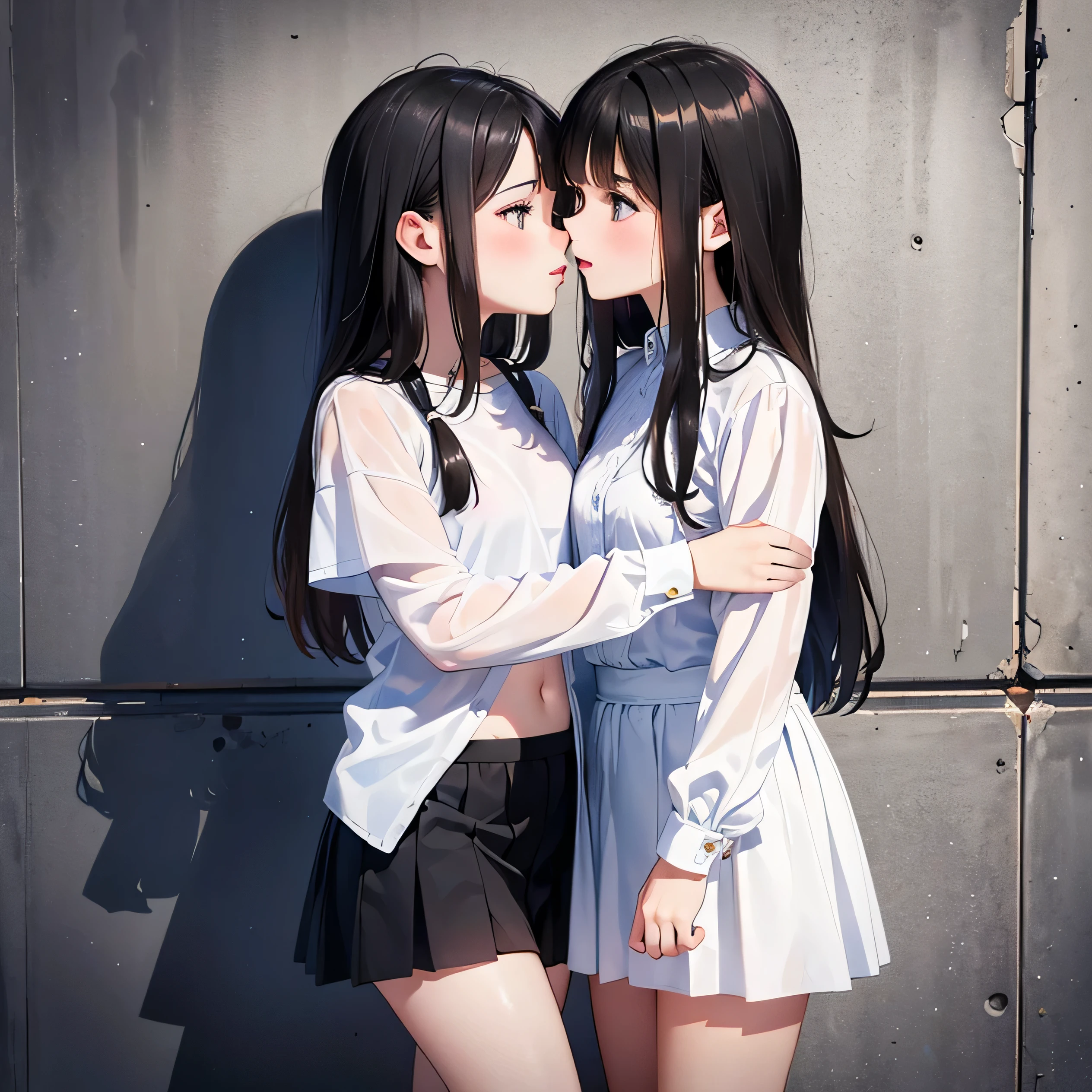 2 girls kiss, face shame, short hair (black hair), long straight hair (brown), surreal, 4K, professional photos,  girl, HDR, detailed face, , (Open white shirt), short skirt, masterpiece, (light), beautiful background, realistic background, realistic photo