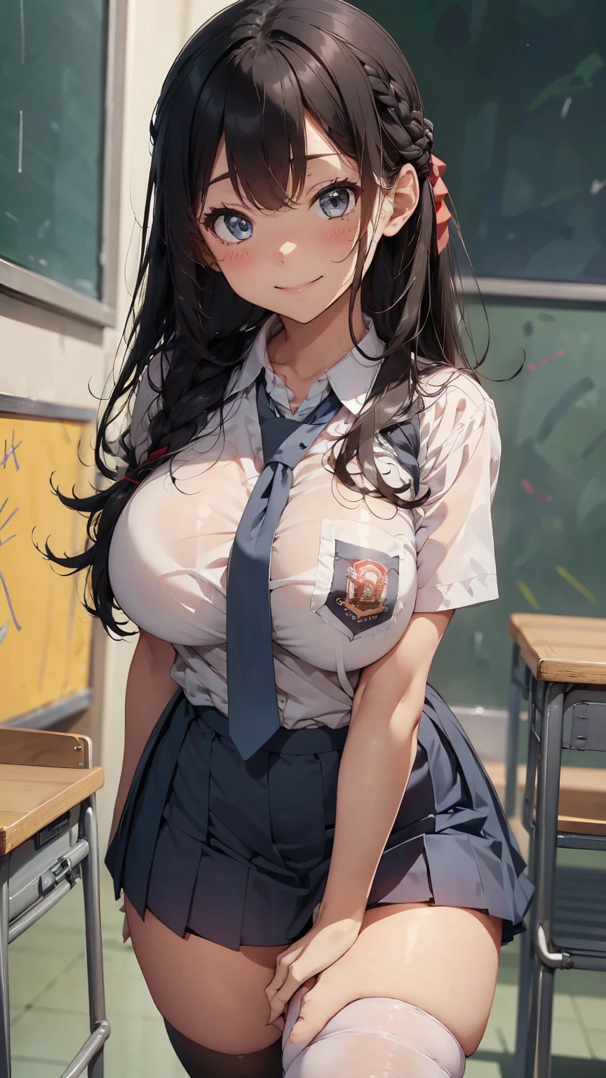 girl, high-school girl, Indonesian high-school girl, long black hair, french-braid hairstyle, black eyes, beautiful eyes, sexy body, (big breasts: 1.4), Indonesia high-school uniform, OSIS logo on shirt's pocket, lace bra, (bra is visible through shirt: 1), light-grey pleated skirt, necktie, knee-high socks, white shoes, school classroom background, smiling, blushing, perfect arms, perfect hands, perfect fingers, perfect anatomy, no extra hands,