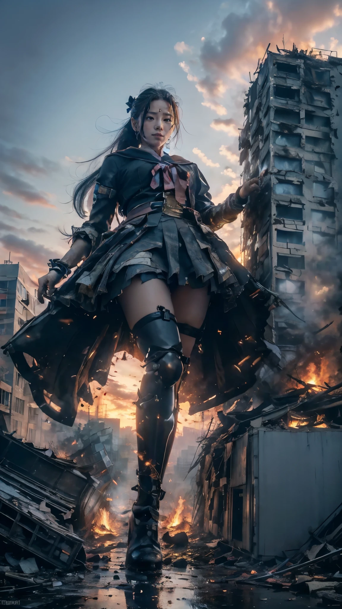 (Giantess elements, high resolution, high quality, accurate body structure, detailed body), Japanese high school girl, sailor uniform, towering giant girl, looking up at approaching woman from below, giant attacks city, cute, girl destroying small town, destroying small town, mischievous expression, Japanese language, white skin, smile, trampling buildings, rubble, burning small town, destroyed small building, collapsed highway, car being crushed, evacuation of residents, sunset, burning small town, please, walk, trample, anatomically correct, accurate human body, accurate skeleton, full body portrait, blue eyes, rubble scattered at feet, taller than skyscrapers, big impact, amazing, giantess elements, drawing women big, increasing destructive elements, making city smaller, rampaging, city, building,