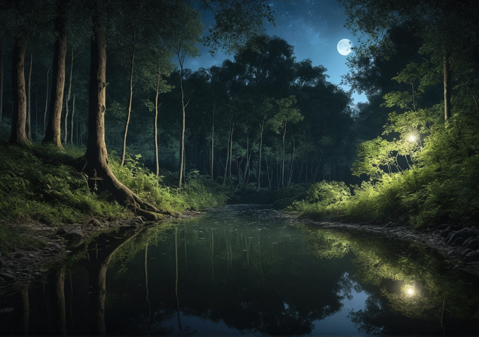 Fantastic night forest, A small river flows quietly through the forest, The moonlight reflects on the water、The water flows quietly, emit a magical glow, First Person View, Super Detail, Attention to detail, high quality, 8k