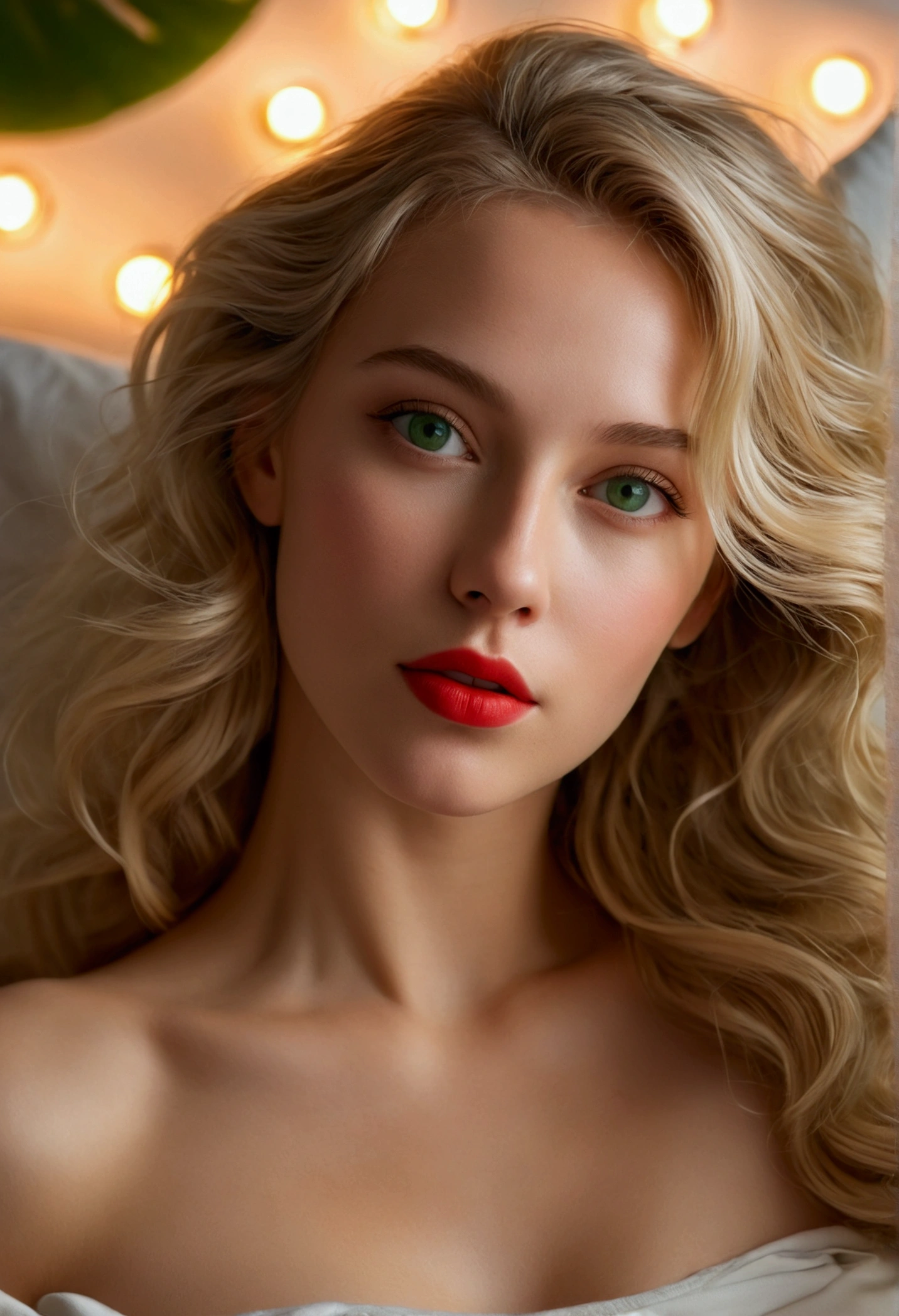 A young and beautiful woman, blonde hair that falls gently in waves up to the shoulders, Medium height, big green eyes, skin fair, she's naked, she is in her bed, The environment is illuminated with lights of warm and pleasant colors making her hair shine, her face is naturally serene, lips with red lipstick, 8k texture, highly detailed, realisitic, soft  Cinematic Light, HDR, sharp focus, Masterpiece artwork, fotorrealisitic, rewarded photography, Canon EOS R5, 35 mm