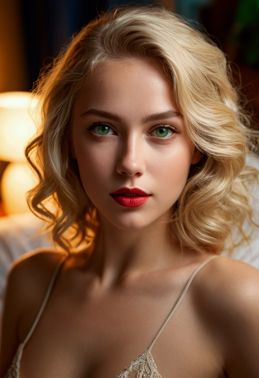 A young and beautiful woman, blonde hair that falls gently in waves up to the shoulders, Medium height, big green eyes, skin fair, she's naked, she is in her bed, The environment is illuminated with lights of warm and pleasant colors making her hair shine, her face is naturally serene, lips with red lipstick, 8k texture, highly detailed, realisitic, soft Cinematic Light, HDR, sharp focus, Masterpiece artwork, fotorrealisitic, rewarded photography, Canon EOS R5, 35 mm