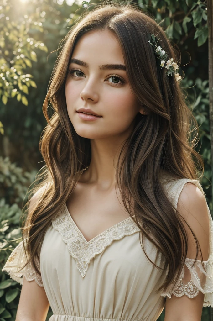 Best Quality,masterpiece:1.2,ultra detailed,realist,portrait,Subtle color palette,Soft lighting,detailed eyes,soft smile,lush garden background,long loose hair,Delicate collar,flowy dress,fine brush strokes
