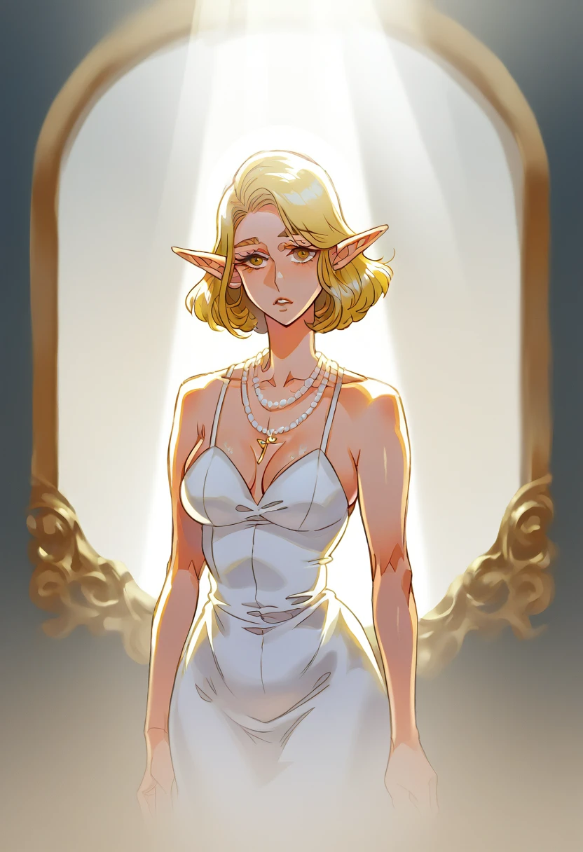 waist shot of a female elf, intricate, slender face, elegant, wearing sapphire necklace, white light dress with straps, facing camera, highly detailed, digital painting, artstation, concept art, smooth, sharp focus, illustration, art by artgerm and greg rutkowski and alphonse mucha, 8k, volumetric fog, bloom, light rays, lumen, cranked bokeh