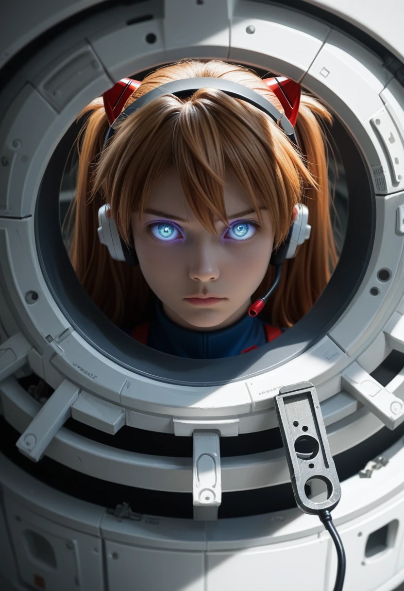 (overhead view),dynamic angle,Ultra-detail, Illustration, close up shot, straight-on, 1 girl, 
 ((souryuu, Asuka Langley, Headset interface, roter Body:1.4, bionde)),Her eyes shone like dreamy stars,(glowing eyes:1.233),(beautiful and detailed eyes:1.1),(expressionless,closed mouth),(Stand), 
(Mechanic's room with tools and spaceship window in a white SPACESHIP),
(natta:1.2),dreamy, [[delicate fingers and hands:0.55]::0.85],(detail finger),
