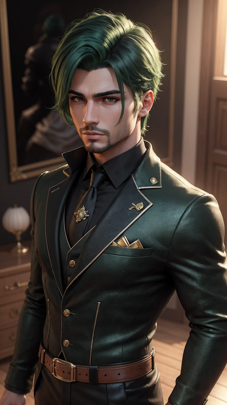 masterpiece, Best Quality,3d rendering work ,3DMM style,close up,portrait, 3D,1 Eduardo Andrés straight green hair black gentleman