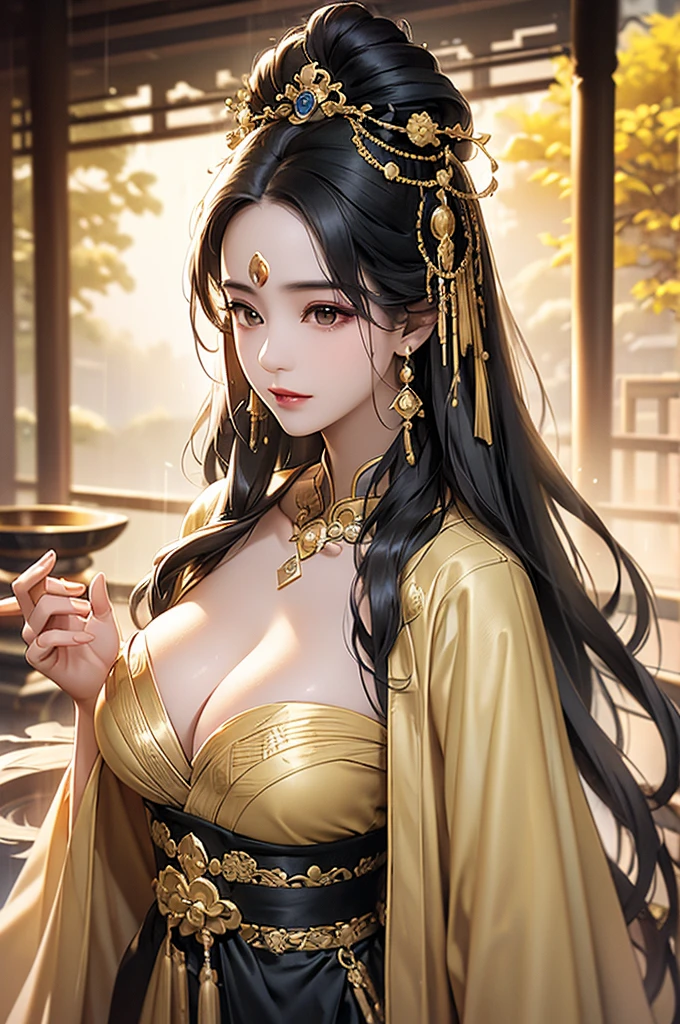 Black Hair, Immortal, Beauty, Royal sister, Stepmother, Gold Yellow Taoist robe, Golden Phoenix Coronet, Hair Bunch, Big breasts, Mature Woman,Sunshine