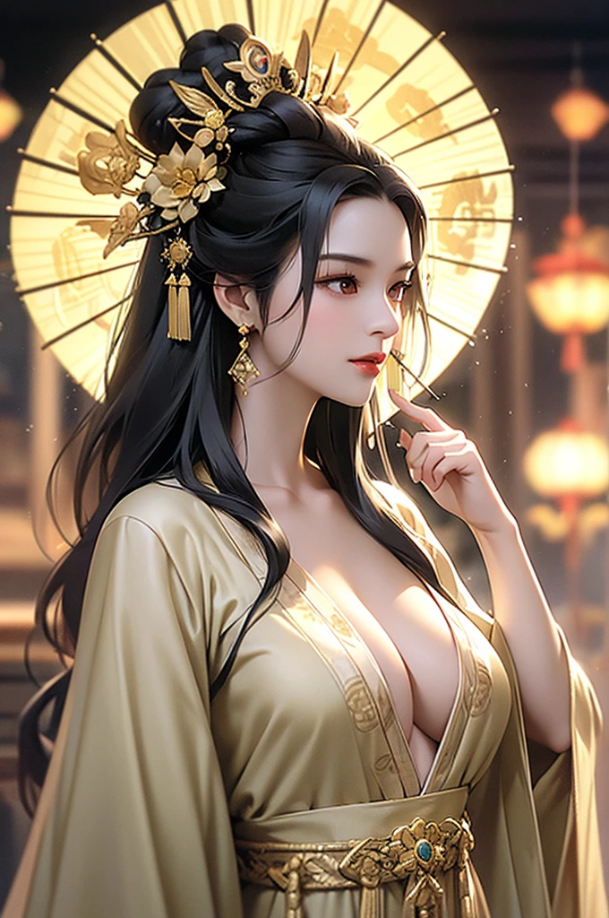 Black Hair, Immortal, Beauty, Royal sister, Stepmother, Gold Yellow Taoist robe, Golden Phoenix Coronet, Hair Bunch, Big breasts, Mature Woman，Sunshine