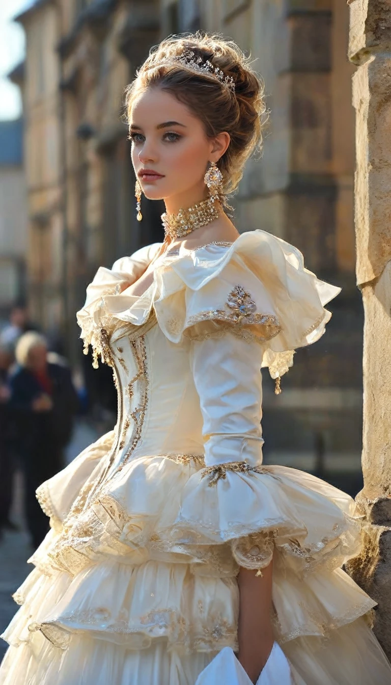In the mid-16th century, the neckline disappeared and raised collars appeared. Shoes and fluffy skirts are in fashion; real fashionistas and fashionistas began to use perfume. Later, France begins to dictate fashion again. Laws of beauty appear, and the whole world follows the example of French women. The first editions of style and fashion appear. In the 18th and 19th centuries, fashion included: front sights, wigs, women's corsets, and the Rococo style.full body photography, big breasts, very long eyelashes, long diamond earrings,  big diamond collar,ganzkörperfoto