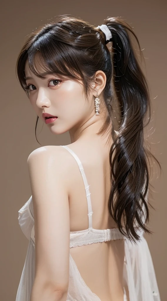 ((Bust up shot:1.6))、One woman、1 photo、((flat and small breasts:1.7))、((sensual look:1.8))、((ID photo:1.4))、((Apply beautiful makeup:1.7))、((A pale cherry-colored lip for moisturized lips:1.5))、((Girl in white strapless negligee:1.5))、((No underwear:1.5))、Natural Shading、((Moist eyes:1.3))、(K-Pop Idols)、Serene and goddess-like beauty、((Slightly parted lips:1.3))、Natural Shading、((((Beautiful brown hair in a ponytail:1.5))))、((Brown haired Japanese woman)))、(Yin and Yang Expressions:1.5)、masterpiece, Highest quality, 8k, High-definition image quality, (Upper body:1.4), Beautiful girls, Beautiful face, Looking at the audience, Surreal, High resolution, Sharp focus, High resolution, フェイスLight, Dynamic Lighting, Light, Professional Shadow, Simple Background, (Dull grey background:1.4), Highest detail, Very detailed, Ultra-detailed, In detail, Real Skin, Delicate facial features, Detailed face and eyes, Sharp pupils、live action idol